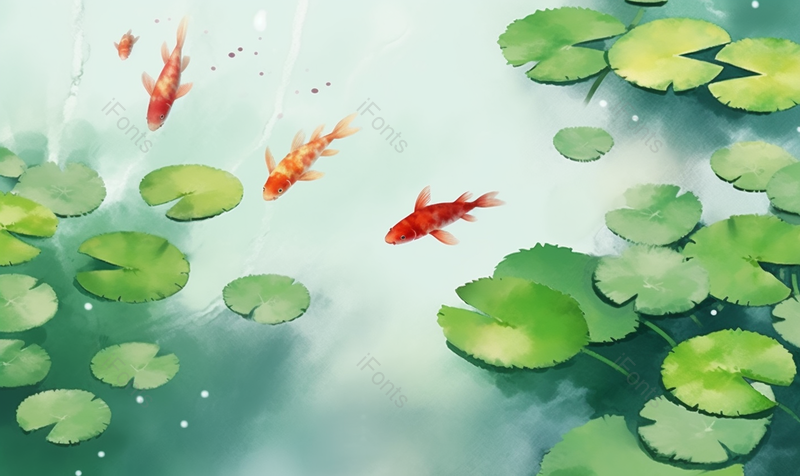 乡间农村绿色夏季池塘里荷叶和一群锦鲤背景,插画/手绘图,插画/手绘图库,插画/手绘图下载,插画/手绘